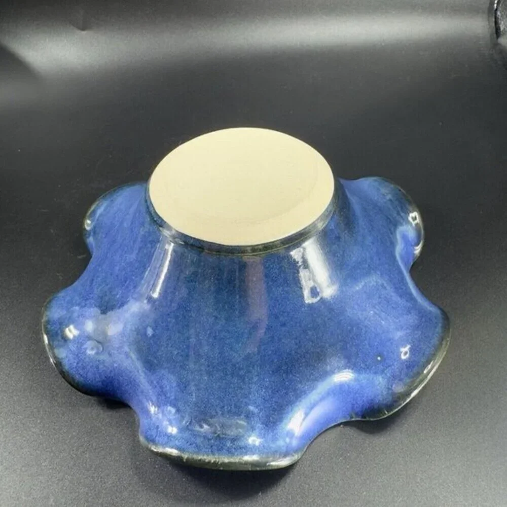 Vintage Hand Made Pottery Single Candle Stick Holder Votive Heavy Blue Glaze VTG